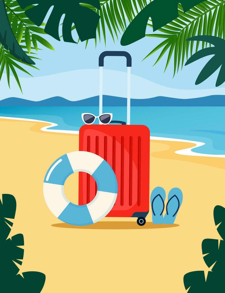 rood reizen koffer Aan tropisch strand. zonnebril, opblaasbaar cirkel, rubber strand slippers. reizen concept. zomer vakantie. vector illustratie.