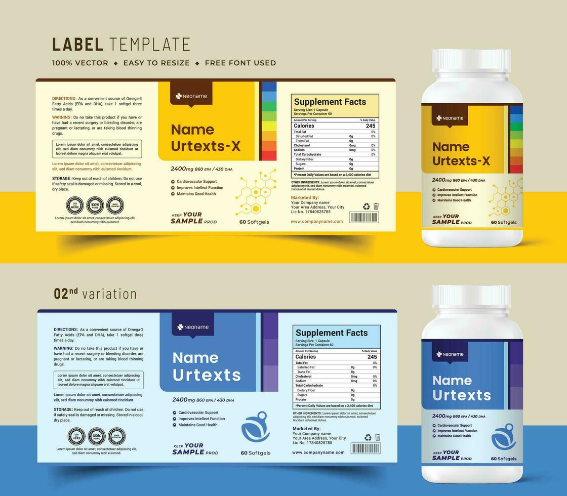 multi vitamine etiket sticker ontwerp en natuurlijk voedsel supplement banier verpakking, fles pot etiket geneeskunde Gezondheid voeding geneeskunde tablet Product afdrukken vector. vector