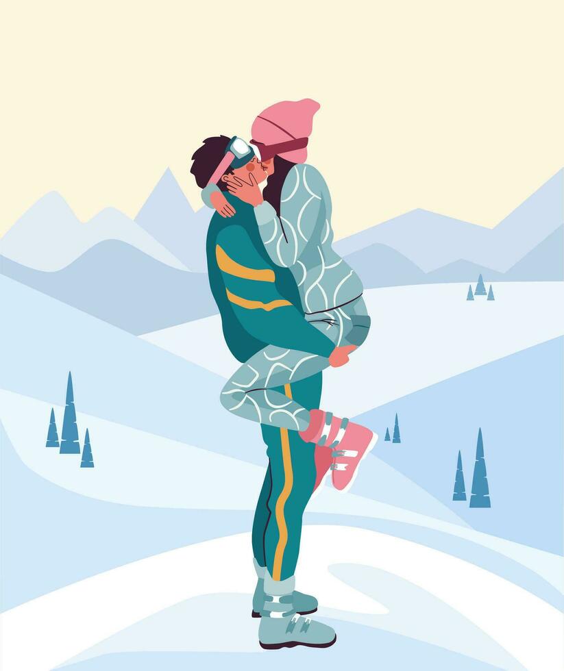 mooi romantisch paar in winter kleren zoenen liefdevol. Mens en vrouw in liefde, hebben een ski toevlucht datum. vector