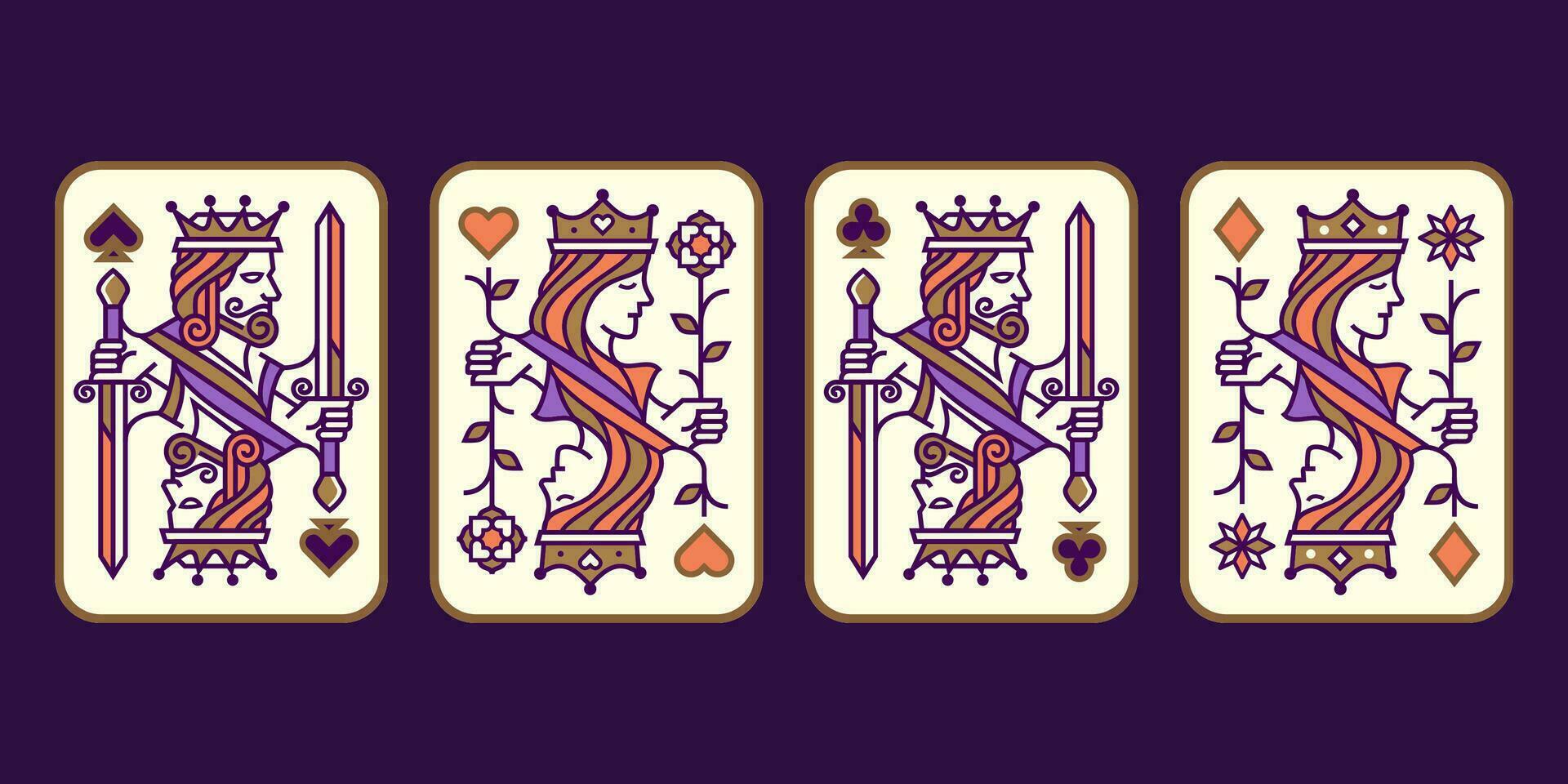 kaart dek ontwerp. reeks van koning en koningin kleurrijk spelen kaart vector illustratie reeks van harten, spade, diamant en club, Koninklijk kaarten ontwerp verzameling