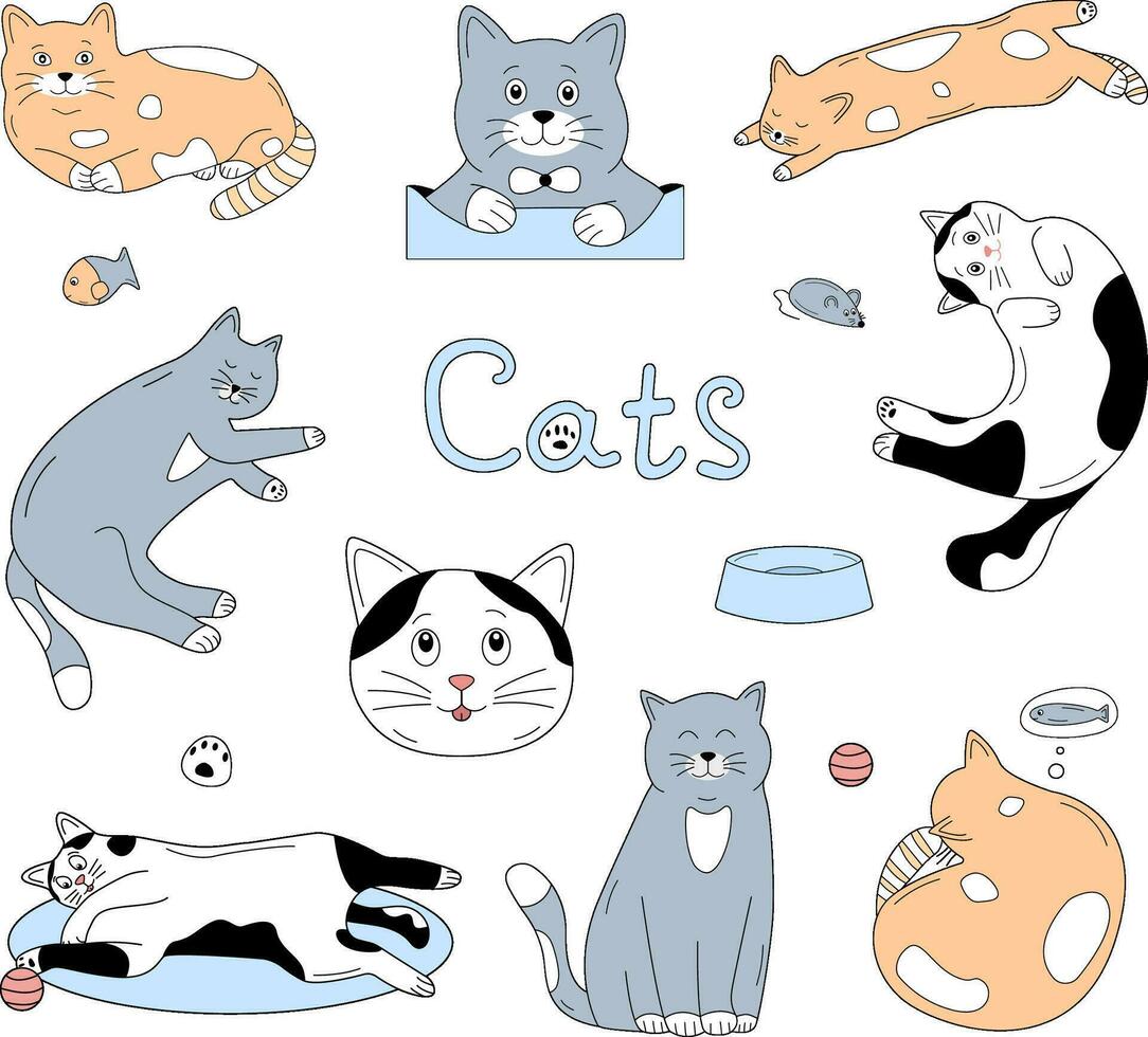 reeks van grappig tekenfilm kat stickers. schattig karakters. vector illustratie