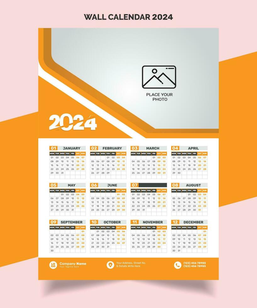 2024 muur kalender sjabloon ontwerp 2024 kalender single bladzijde, een bladzijde, vector