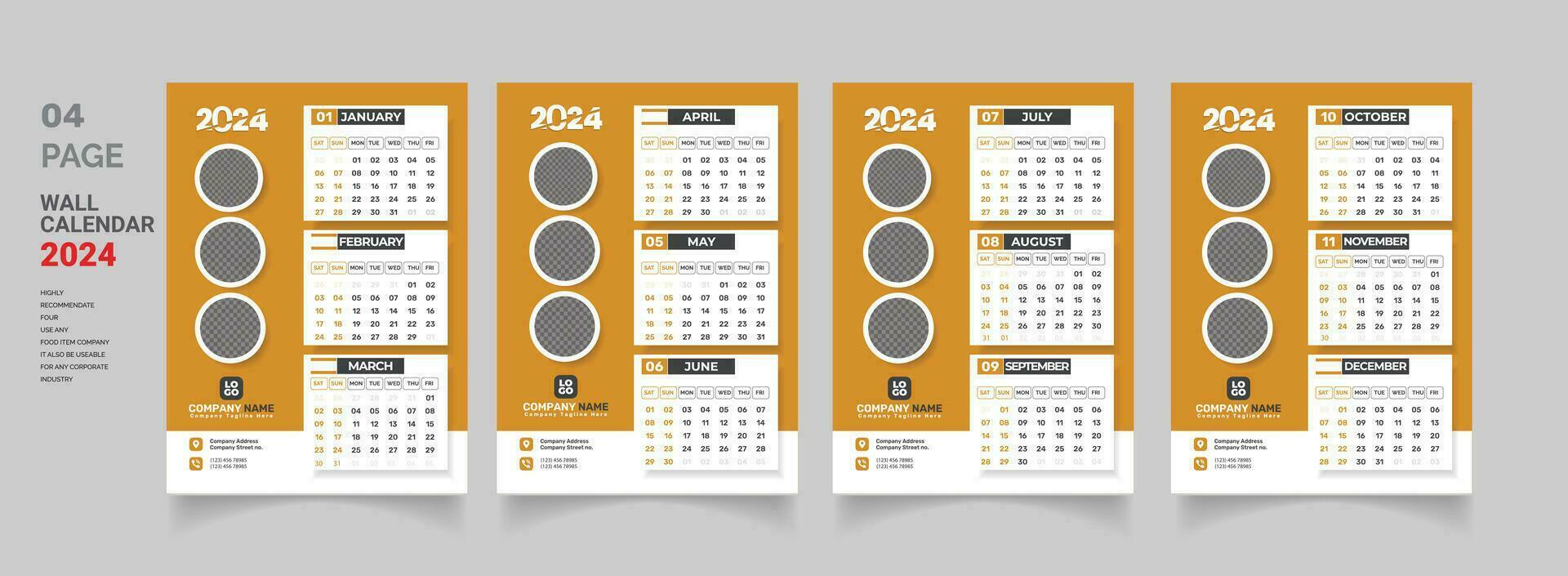 2024 muur kalender sjabloon ontwerp 2024 kalender single bladzijde, een bladzijde, 4 bladzijde vector