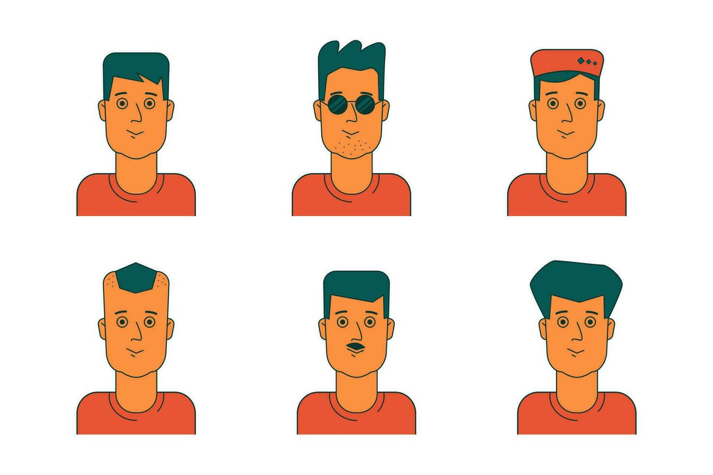 jong Mens met verschillend kapsels. avatars set, vector vlak illustratie.