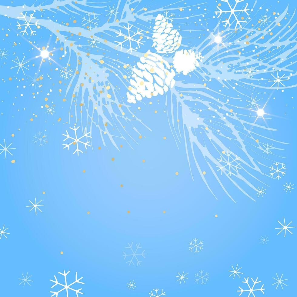 winter Kerstmis achtergrond met pijnboom Afdeling en kegels, Aan een blauw achtergrond. een lay-out voor de ontwerp van Kerstmis en nieuw jaar groet, een feestelijk omslag. vector