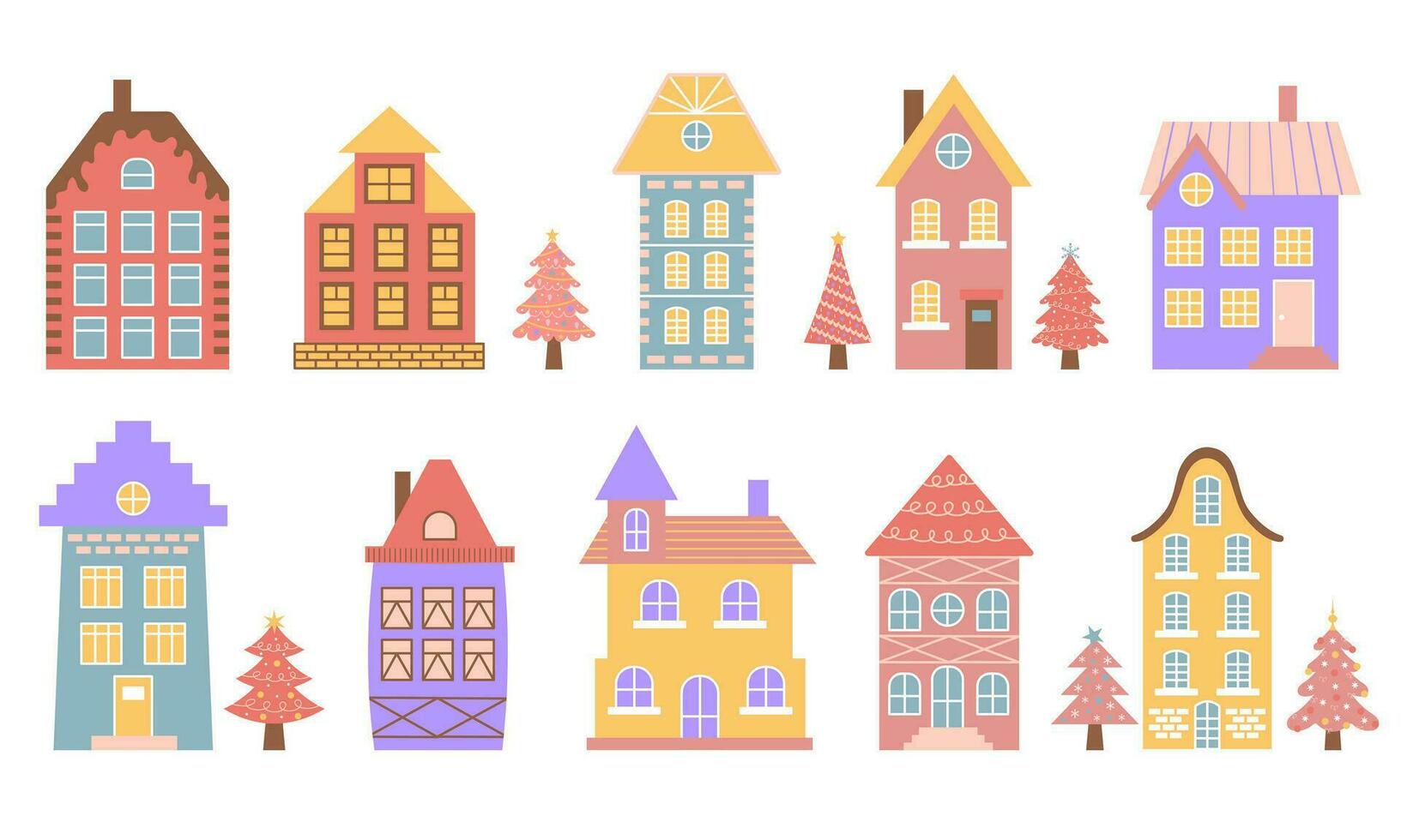 schattig pastel Scandinavisch huizen set. Nederlands kanaal huizen met roze Kerstmis bomen. traditioneel architectuur nederland, belgie en Amsterdam. vector