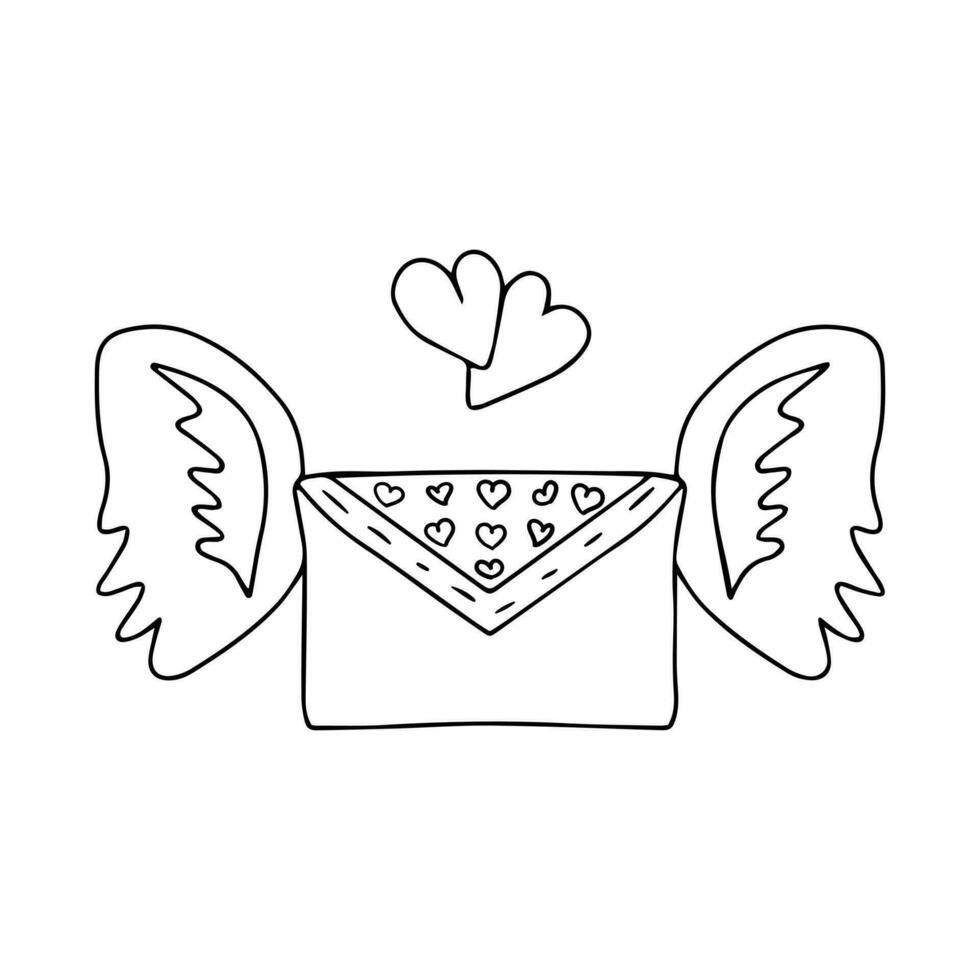 hand- getrokken liefde envelop met Vleugels en hart vormen patroon. tekening liefde symbolen vakantie clip art voor kaart, logo, ontwerp. Valentijnsdag dag concept. geïsoleerd Aan wit achtergrond vector