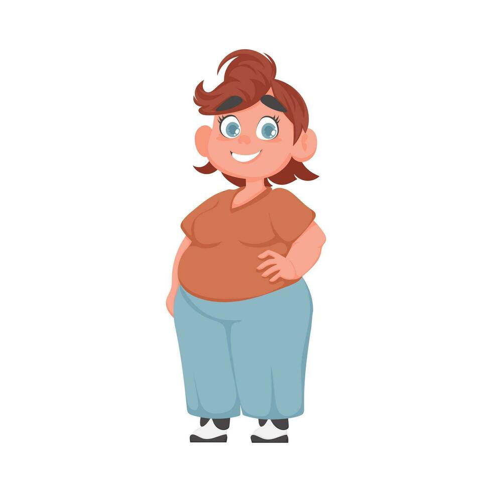 dik vrouw poseren en lachend. schattig te zwaar meisje, lichaam positiviteit thema. tekenfilm stijl vector