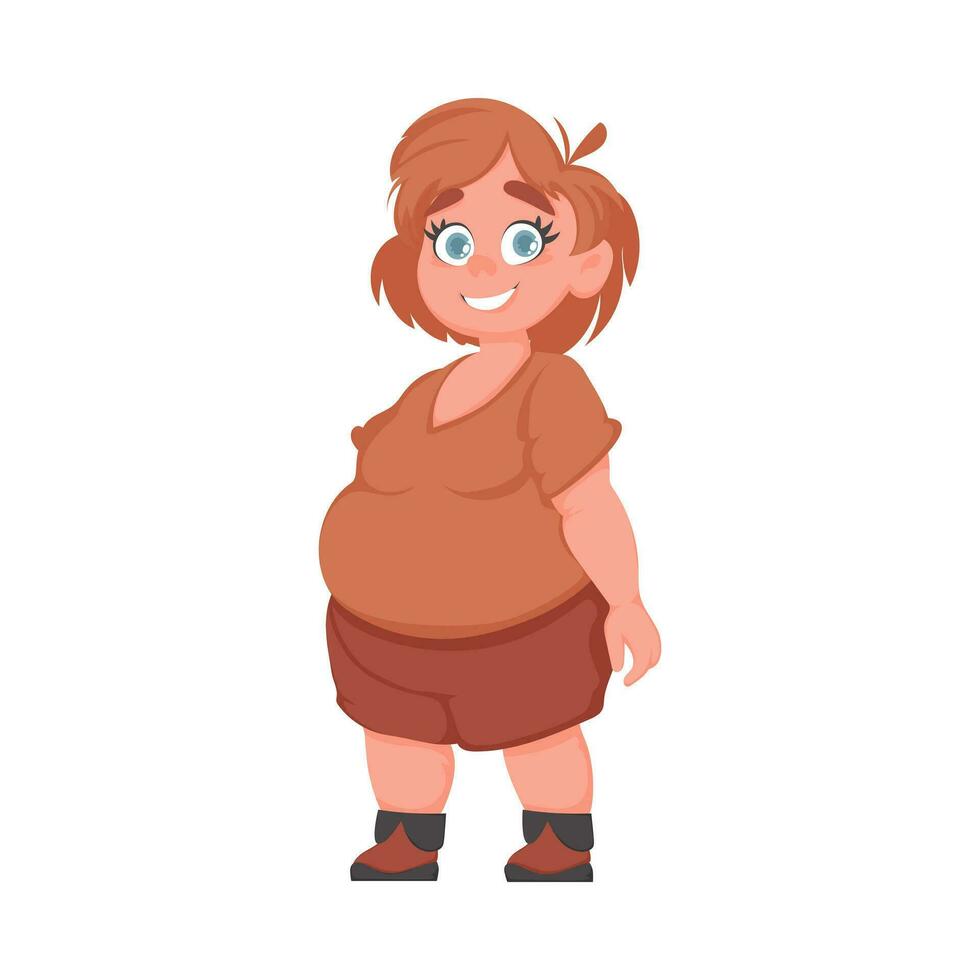 dik vrouw poseren en lachend. schattig te zwaar meisje, lichaam positiviteit thema. tekenfilm stijl vector