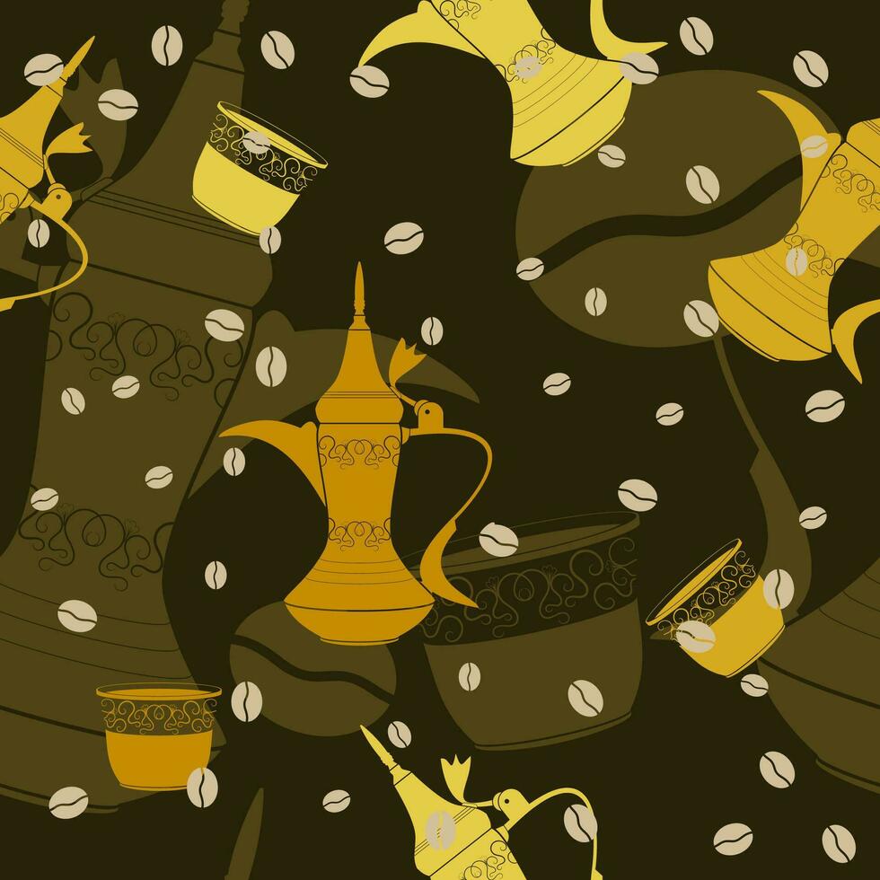 bewerkbare traditioneel typisch Arabisch koffie dallah pot en finjan cups met bonen in vlak vector illustratie net zo naadloos patroon met donker achtergrond voor midden- oostelijk stijl cafe verwant ontwerp