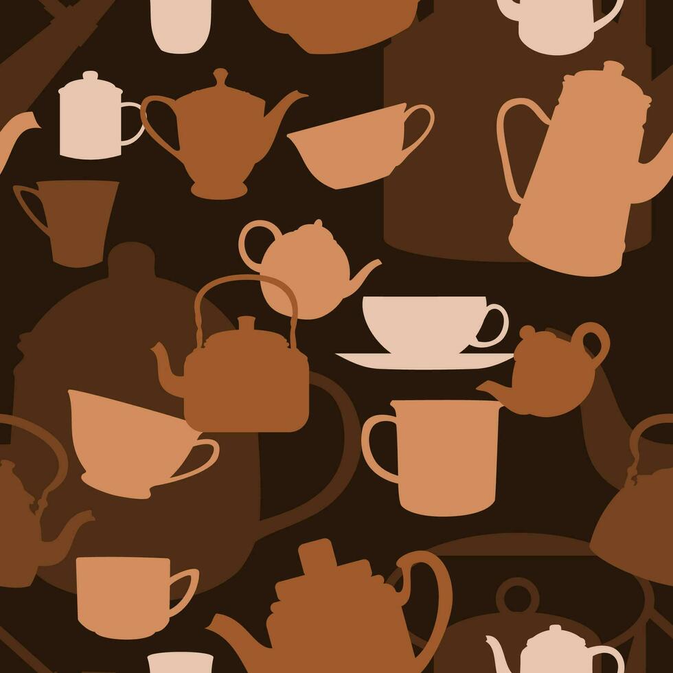 bewerkbare vector van vlak monochroom stijl traditioneel koffie of thee cups en potten illustratie pictogrammen naadloos patroon met donker achtergrond voor decoratief element van drank verwant ontwerp