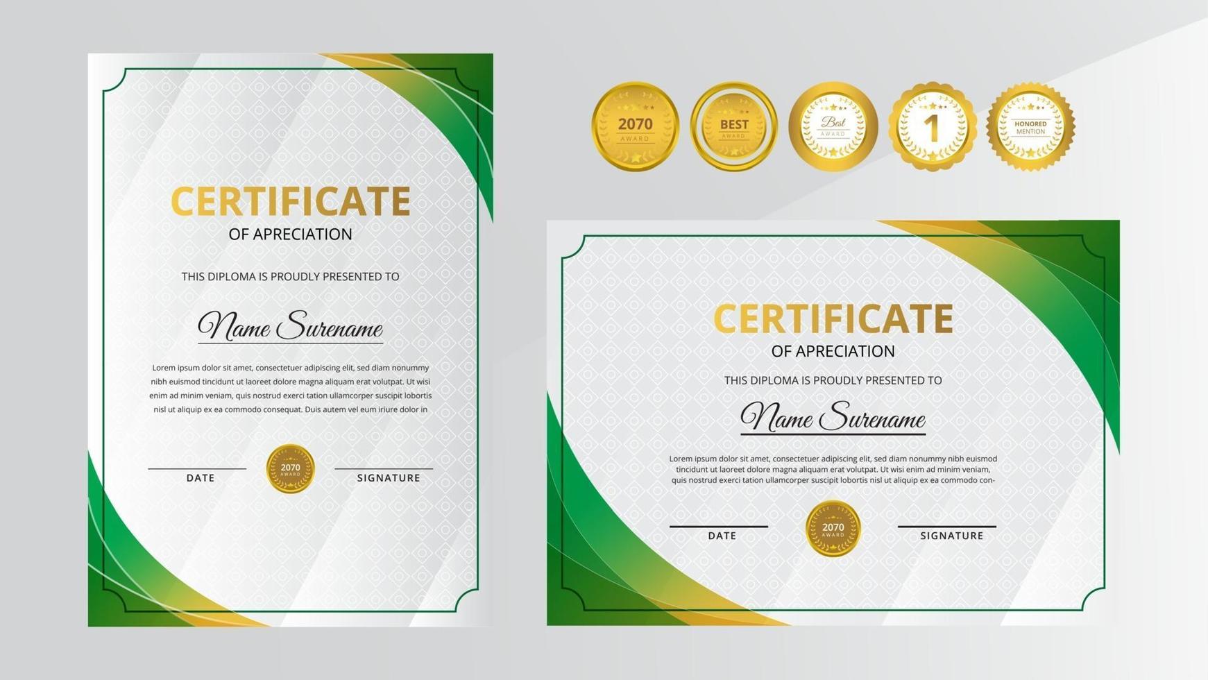 gradiënt gouden en groene luxe certificaat met gouden badge set vector