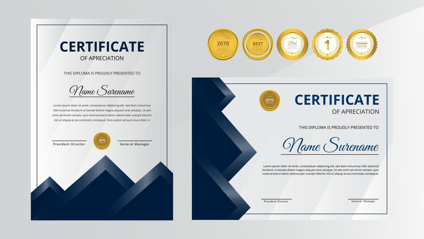 gradiënt blauw en zwart luxe certificaat met gouden badge set vector