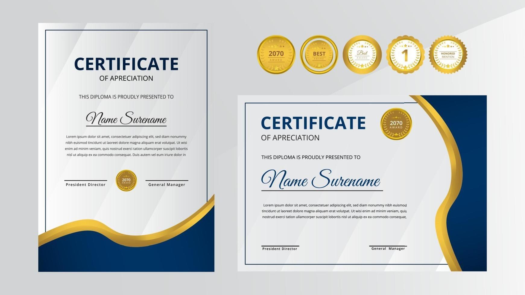 gradiënt gouden en blauwe luxe certificaat met gouden badge set vector