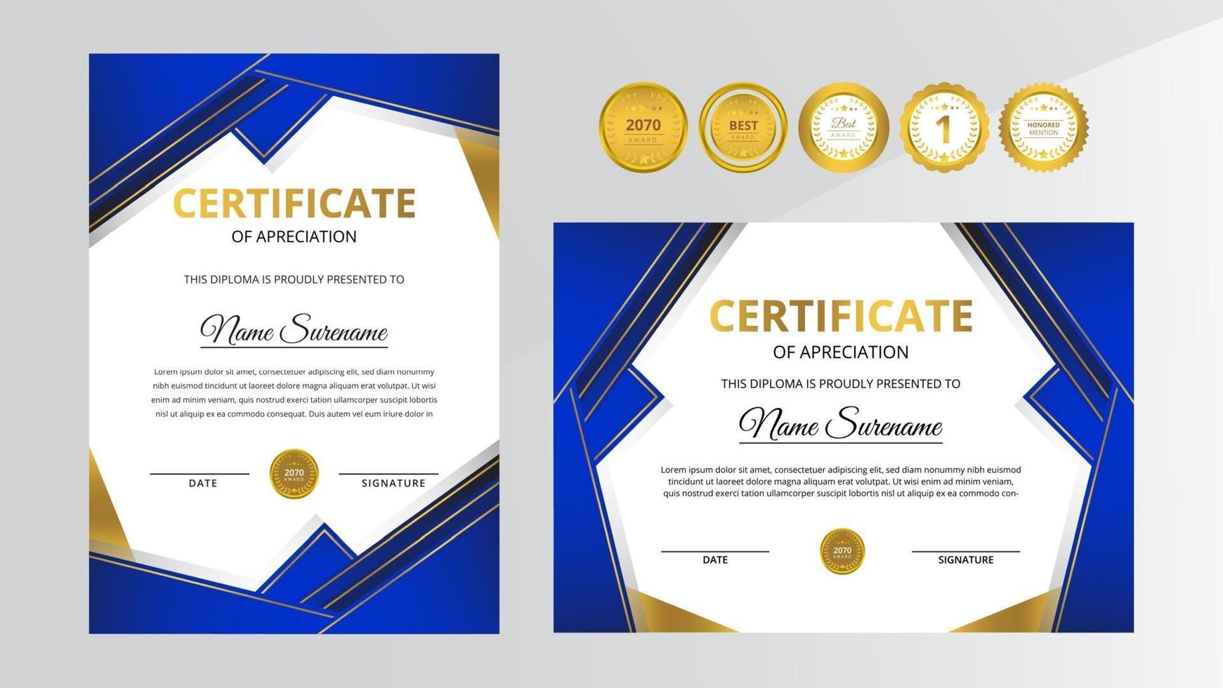 gradiënt gouden en blauwe luxe certificaat met gouden badge set vector