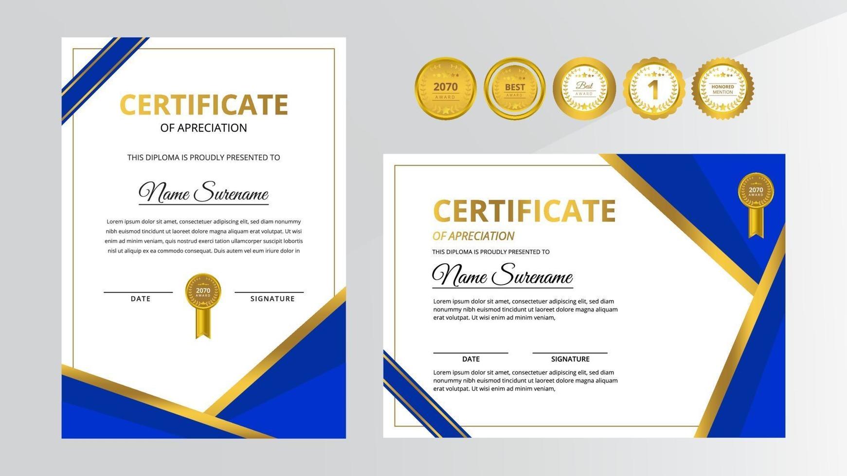 gradiënt gouden en blauwe luxe certificaat met gouden badge set vector