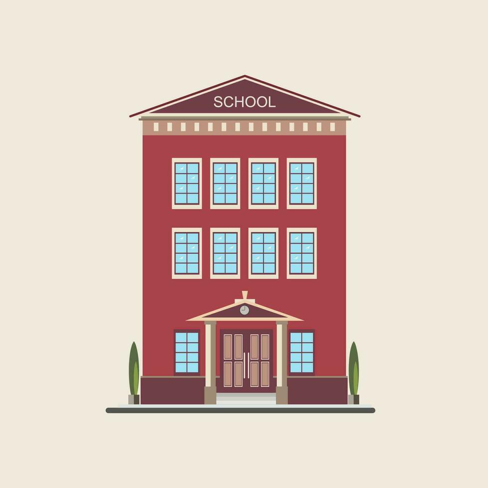 klassiek laagbouw school- gebouw voorkant visie. kleurrijk vlak vector illustratie.