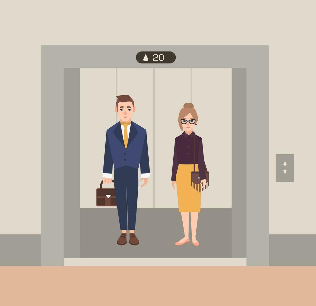 kantoor arbeiders staand in Open lift. bedrijf mensen Mens en vrouw. vlak tekenfilm vector illustratie.