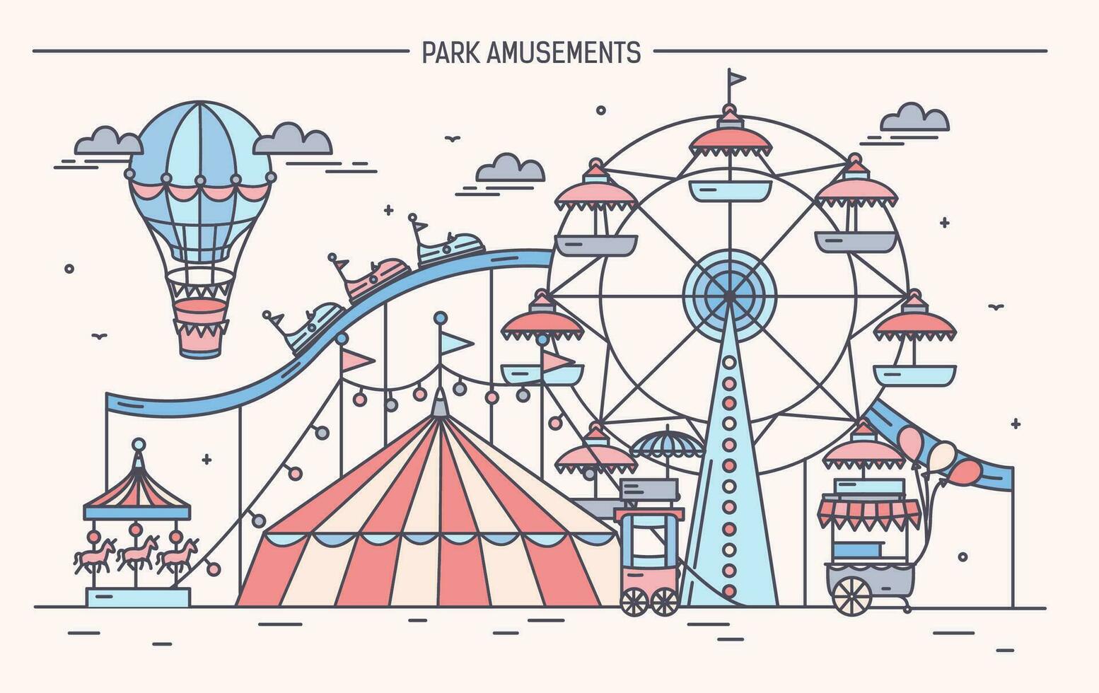mooi hoor horizontaal banier van amusement park. circus, ferris wiel, attracties, kant visie met aerostaat in lucht. kleurrijk lijn kunst vector illustratie.