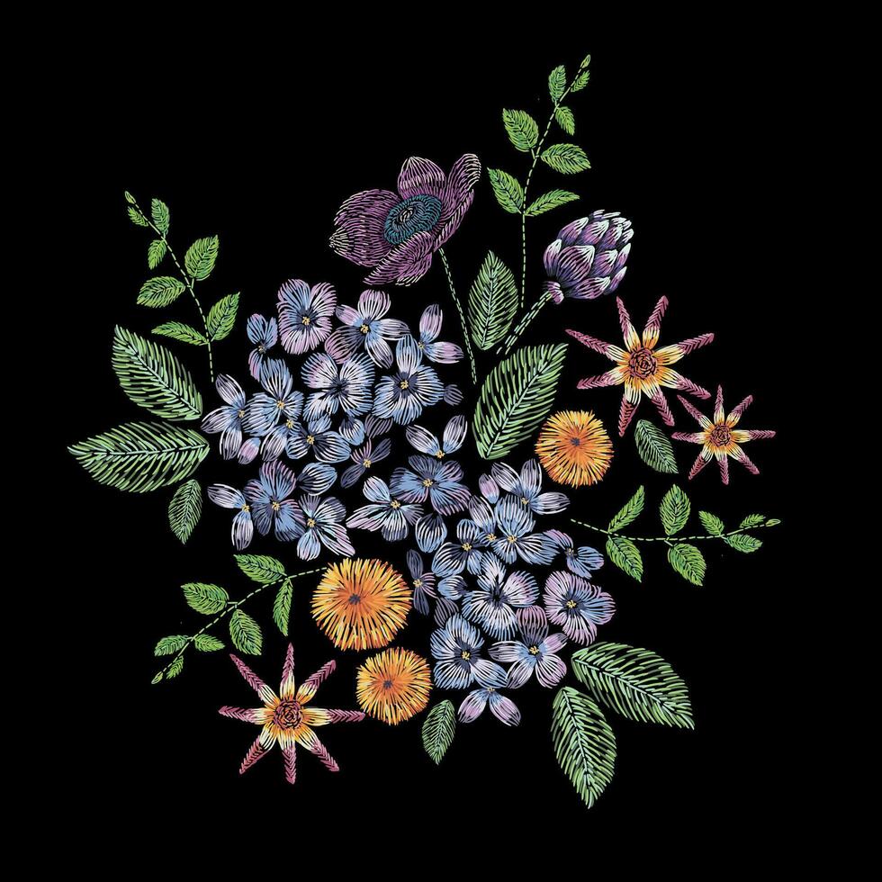 geborduurd samenstelling met Afdeling van lila, bloemen en bladeren. satijn steek borduurwerk bloemen ontwerp Aan zwart achtergrond. volk lijn modieus patroon voor kleren, jurk, kleding stof, decor. vector