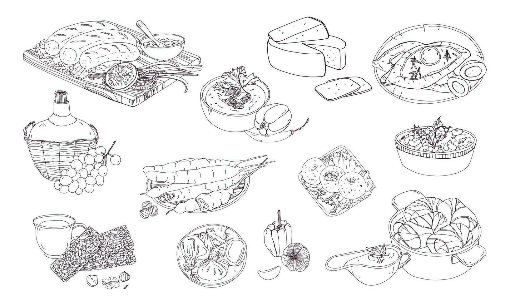 Georgisch keuken. verschillend borden. hand- getrokken zwart en wit vector illustratie.