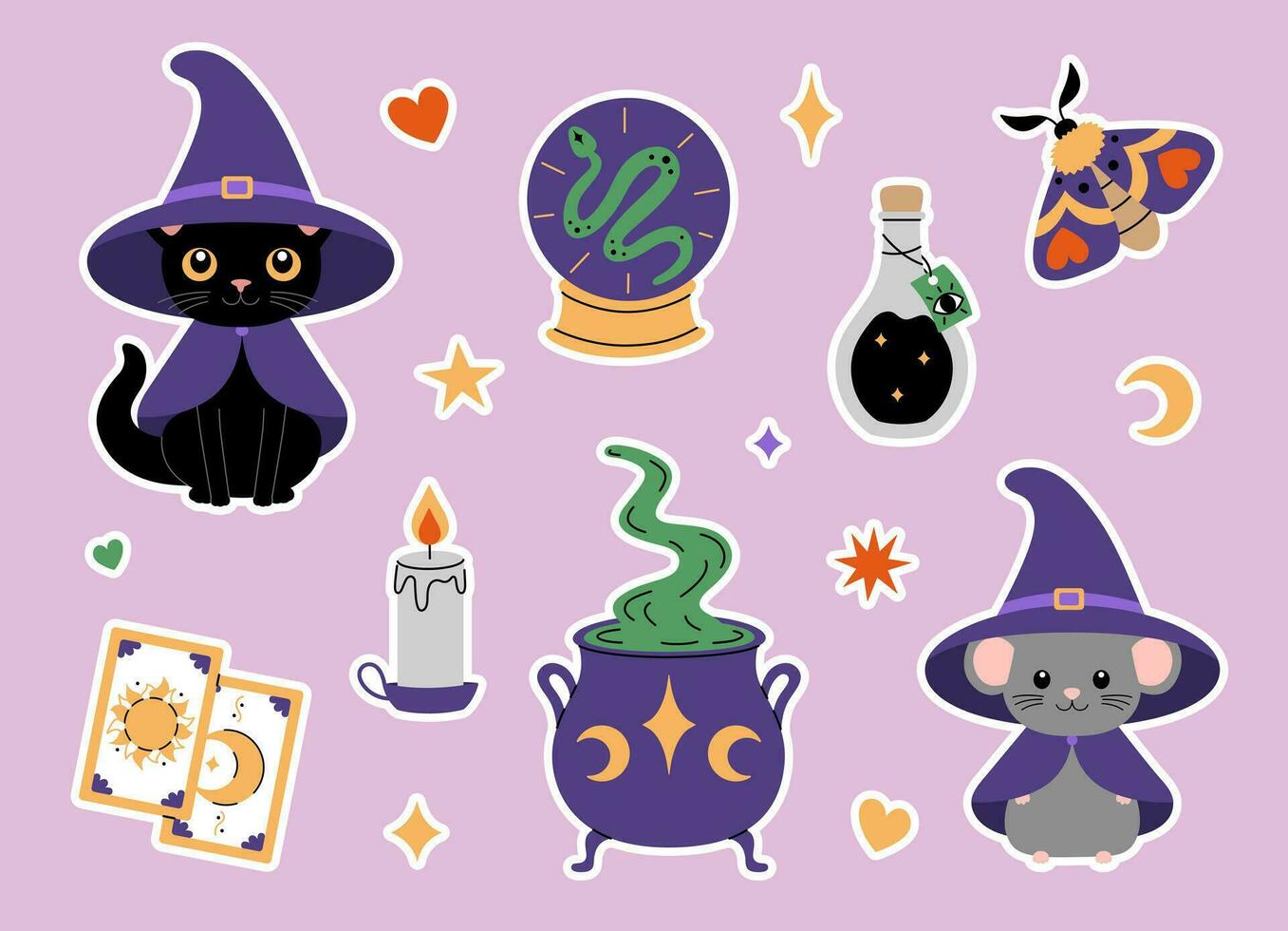 schattig magisch reeks van stickers. kat, muis, ketel, bal, toverdrank, kaars, kaarten en mot. hekserij en esoterisch elementen. vector illustratie