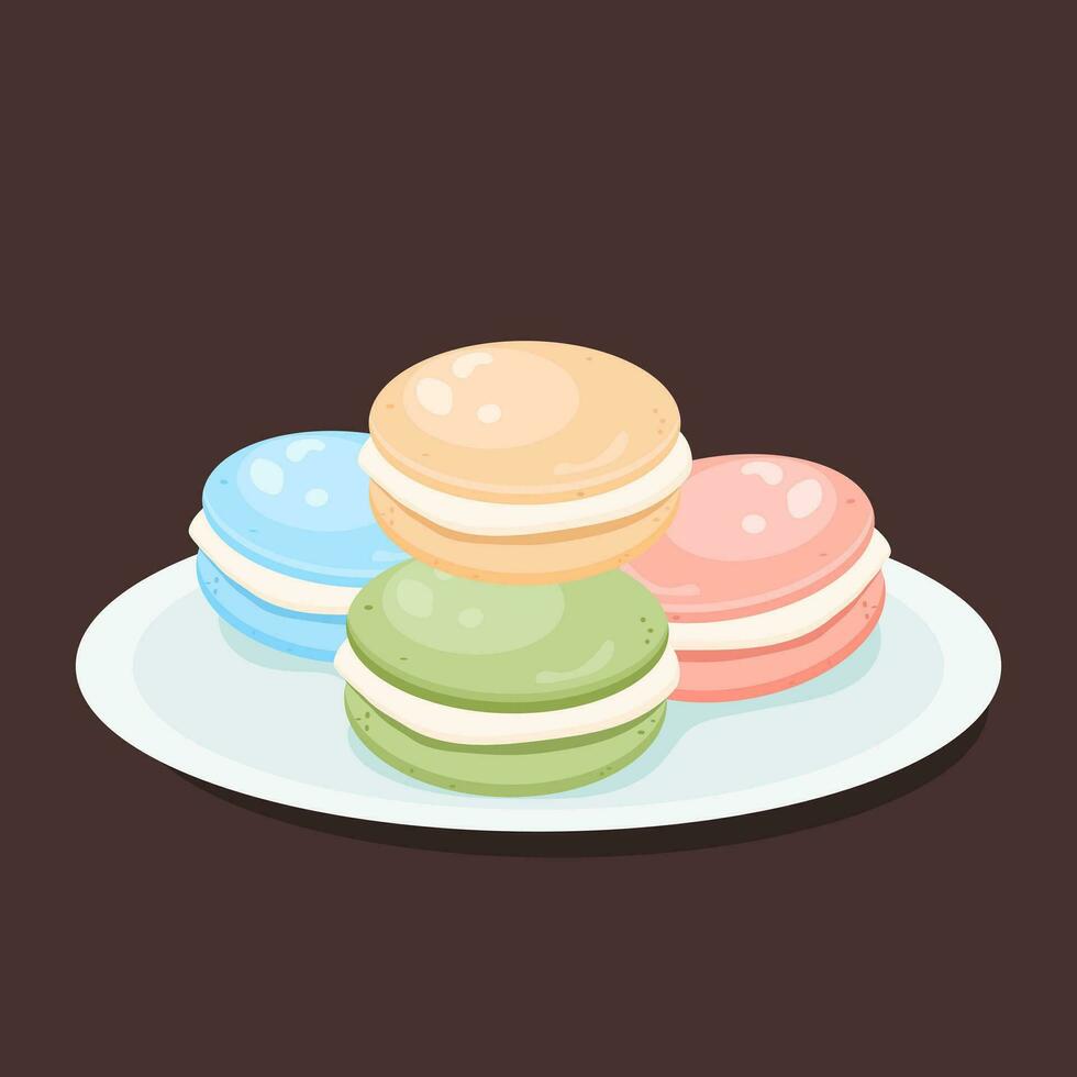 vector illustratie van kleurrijk macarons Aan een bord, bitterkoekjes in een bord, heerlijk toetje Frankrijk, zoet taarten, cafe bakkerij menu, nationaal bitterkoekjes dag, ronde vorm geven aan, vector illustratie