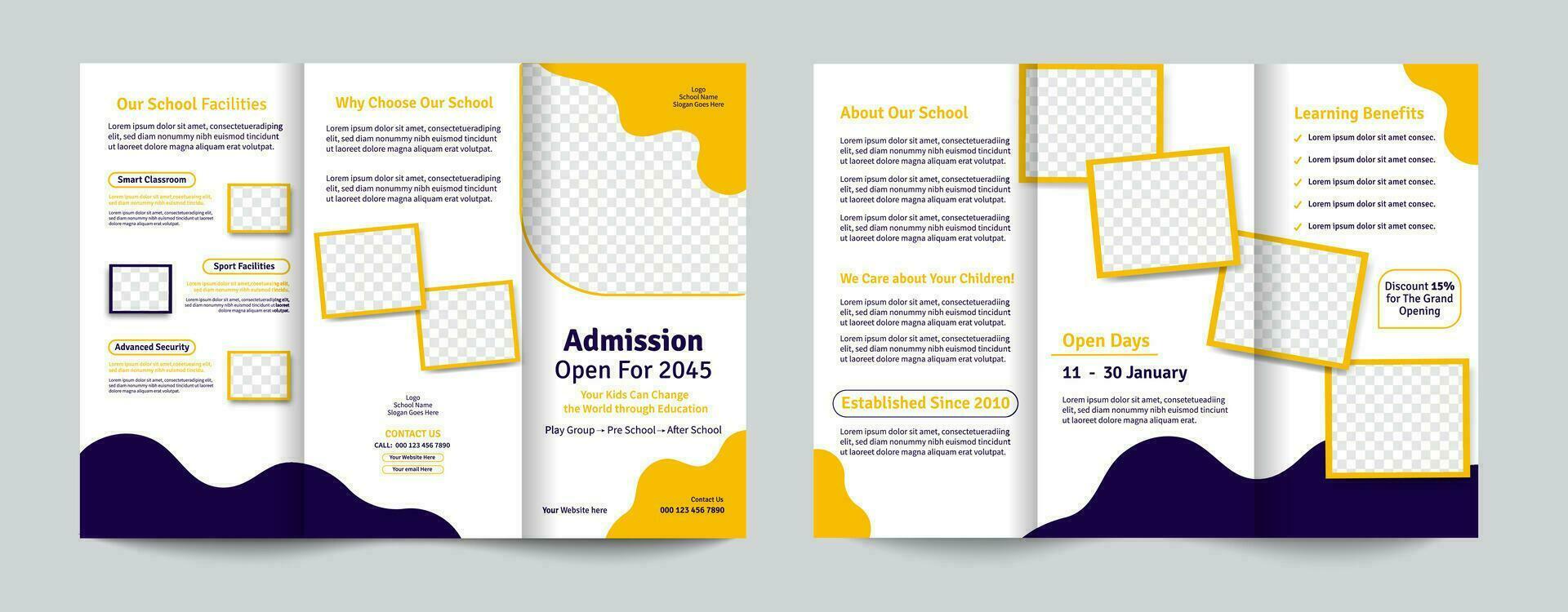 terug naar school- toelating drievoud brochure sjabloon ontwerp vector