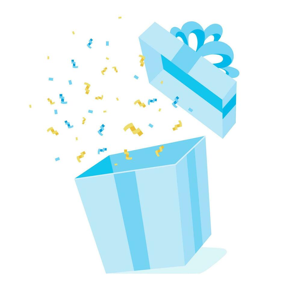 geopend blauw geschenk doos. confetti vlieg uit van de doos. vlak vector illustratie van groot Cadeau doos