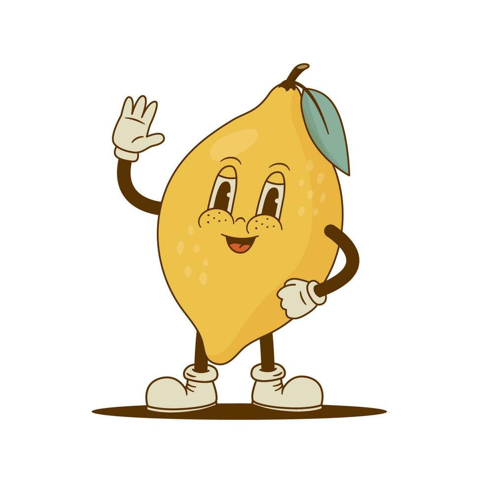 grappig retro tekenfilm citroen karakter. glimlachen citrus fruit mascotte vector illustratie. nostalgie jaren 60, jaren 70, 80s
