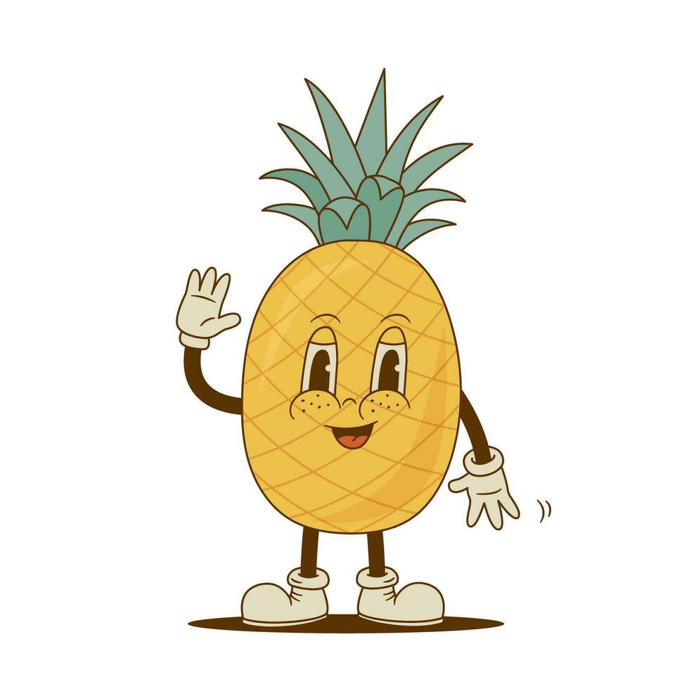 schattig retro tekenfilm ananas karakter. grappig fruit mascotte vector illustratie. nostalgie jaren 60, jaren 70, 80s