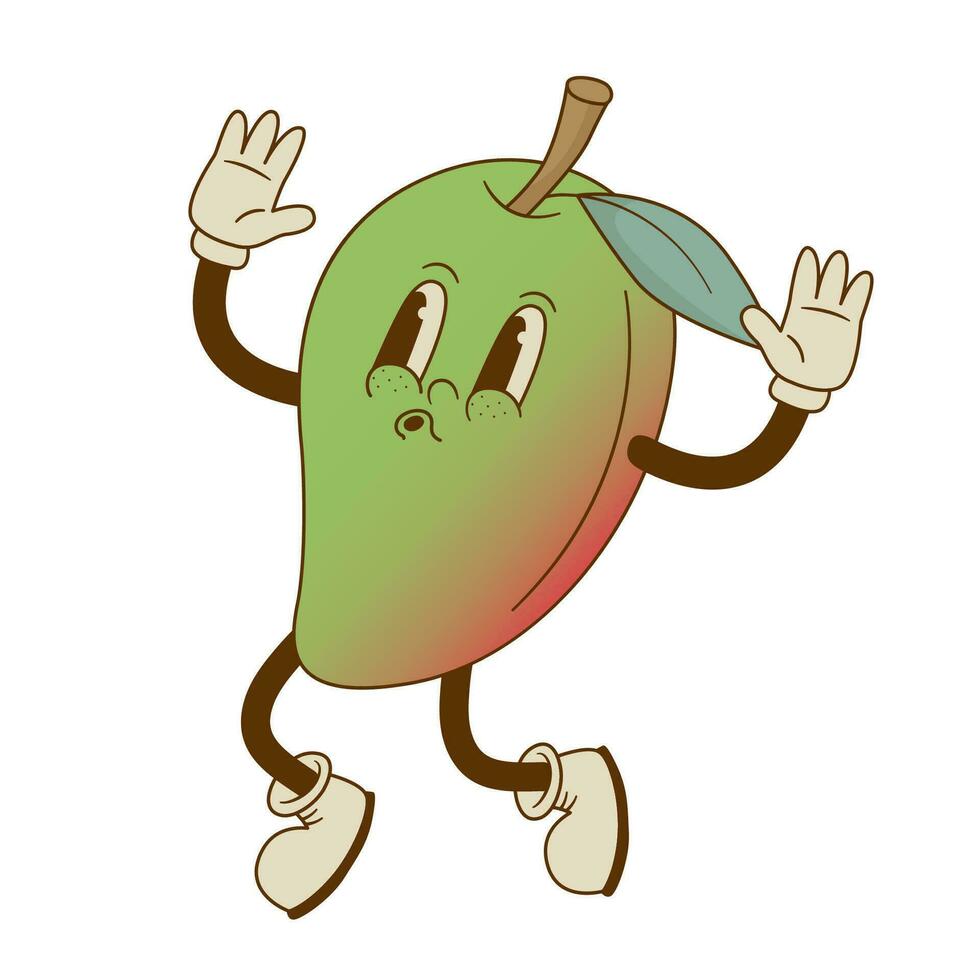 retro tekenfilm mango karakter vector illustratie. springen fruit mascotte in groef stijl. nostalgie jaren 70, jaren 80.