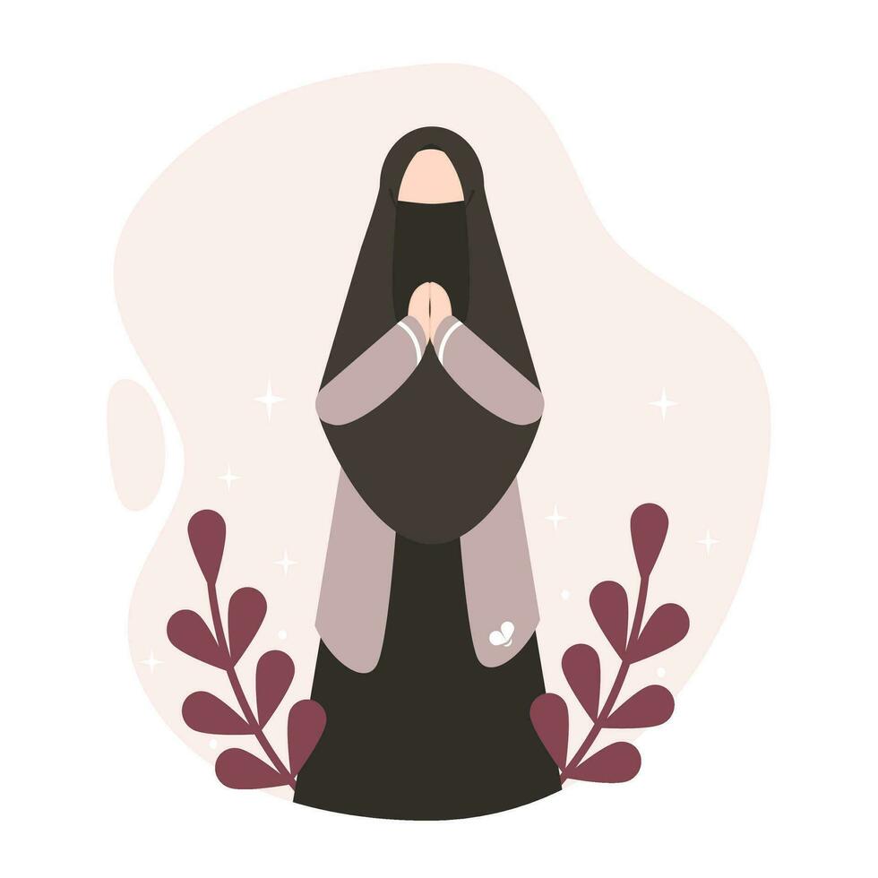 moslim vrouw in hijab geven hartelijk groeten. vlak vector illustratie.