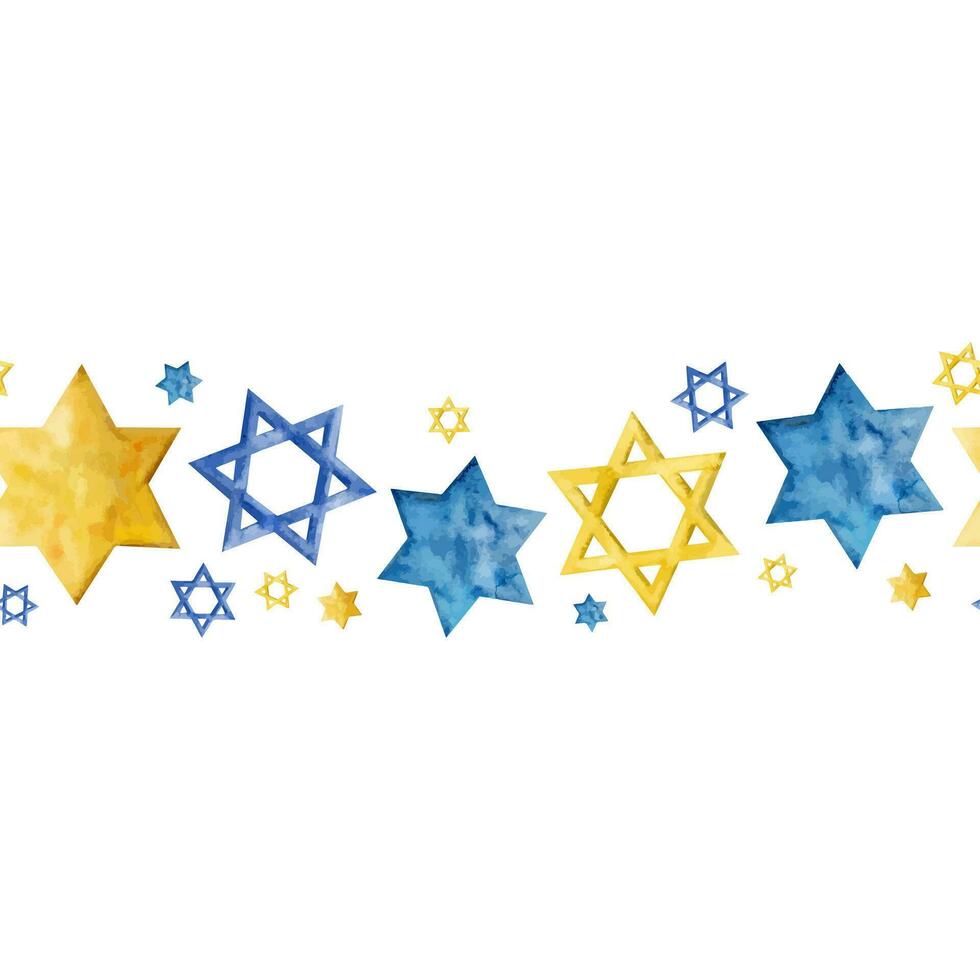 hand- getrokken naadloos horizontaal grens banier voor Chanoeka en Joods vakantie met blauw en geel goud sterren van david, waterverf illustratie voor groet kaarten en web ontwerp vector