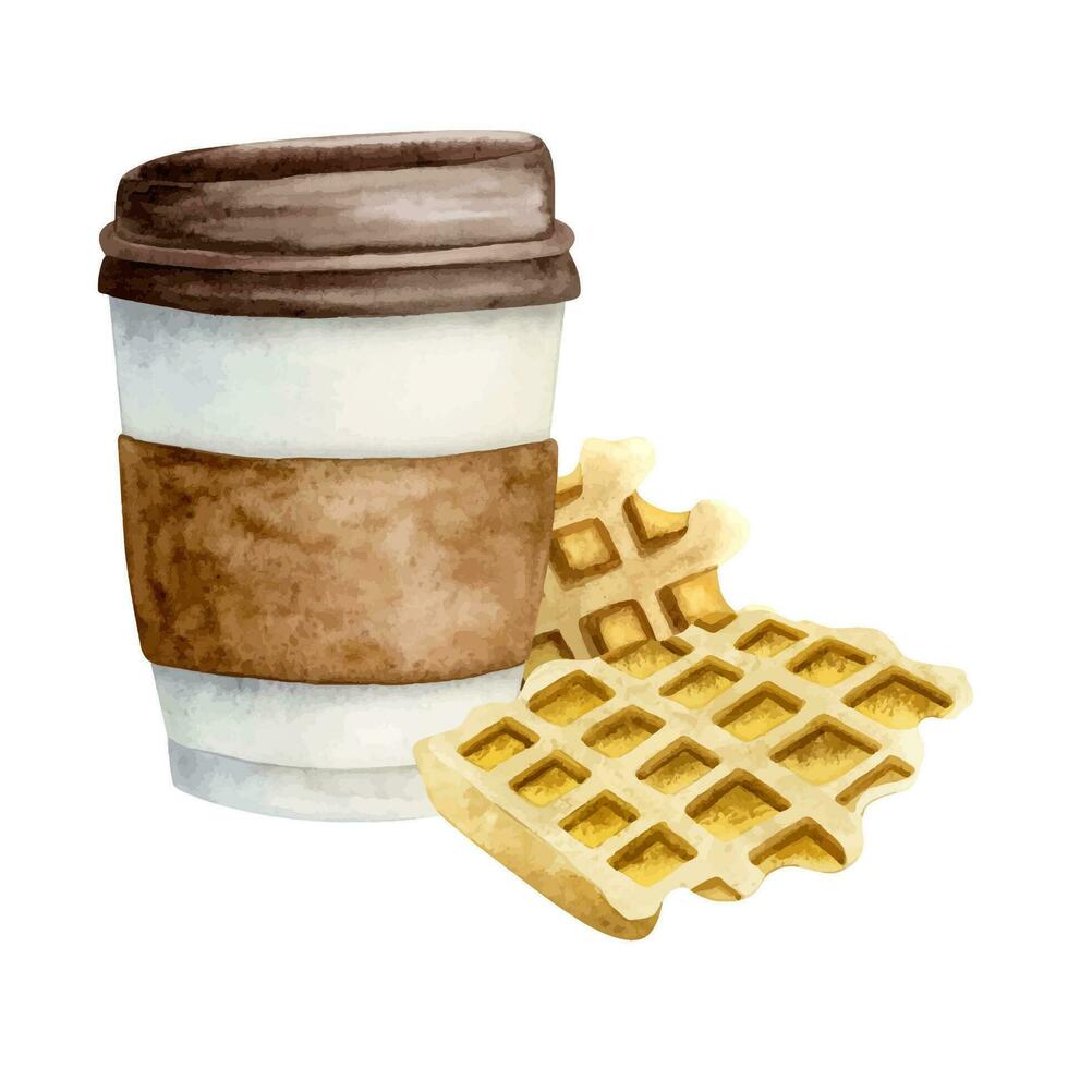 belgie wafels toetje met koffie kop waterverf vector illustratie. bakkerij vers ontbijt clip art