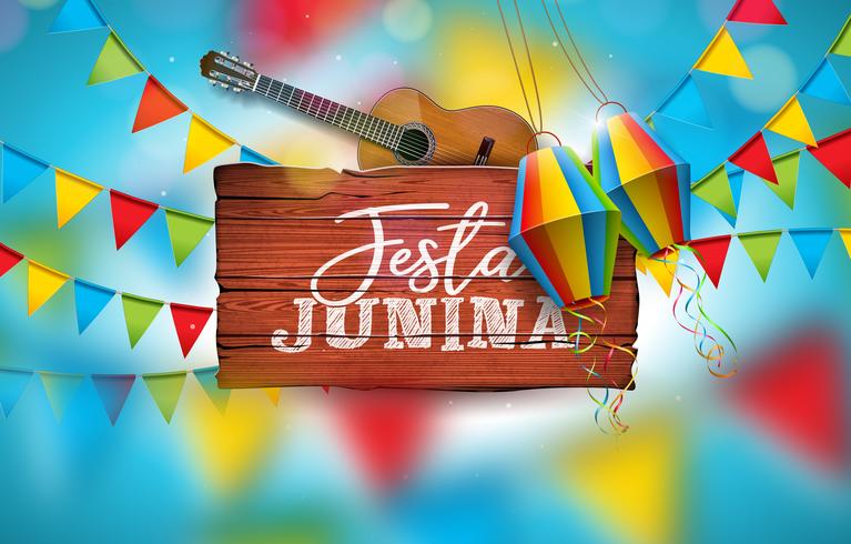 Festa Junina-illustratie met akoestische gitaar, partijvlaggen en papieren lantaarns vector
