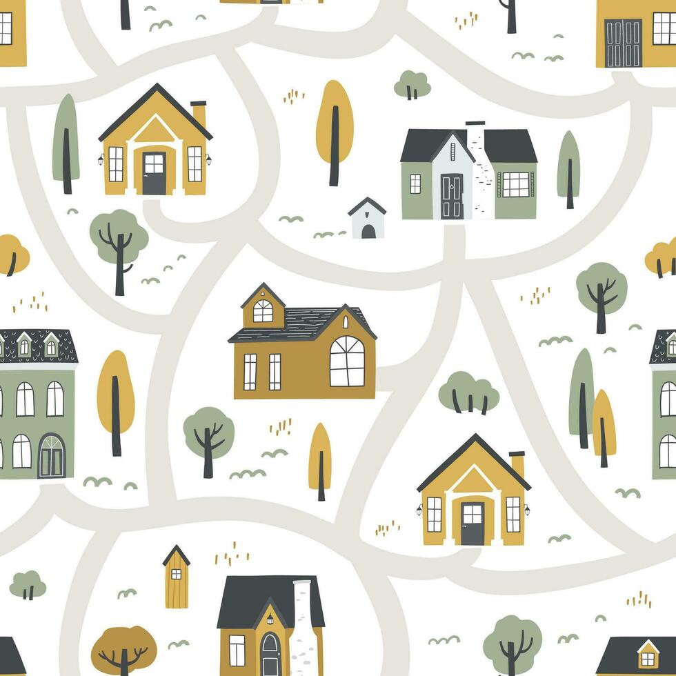 schattig hand- getrokken patroon met kleur huizen, weg en boom. Scandinavisch stijl vector illustratie