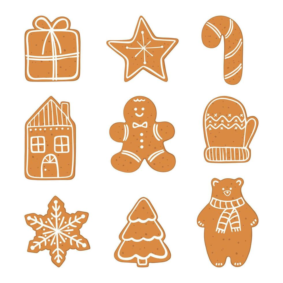 reeks van schattig hand- getrokken peperkoek koekjes, inclusief peperkoek Mens, ster, nieuw jaar boom, beer, sneeuwvlok, handschoen, huis, geschenk, snoep. traditioneel Kerstmis snoepgoed vector