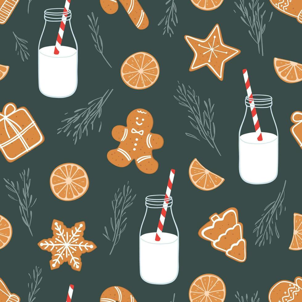 kerstmis, nieuw jaar naadloos patroon met peperkoek koekjes, melk, oranje plakjes en takken vector