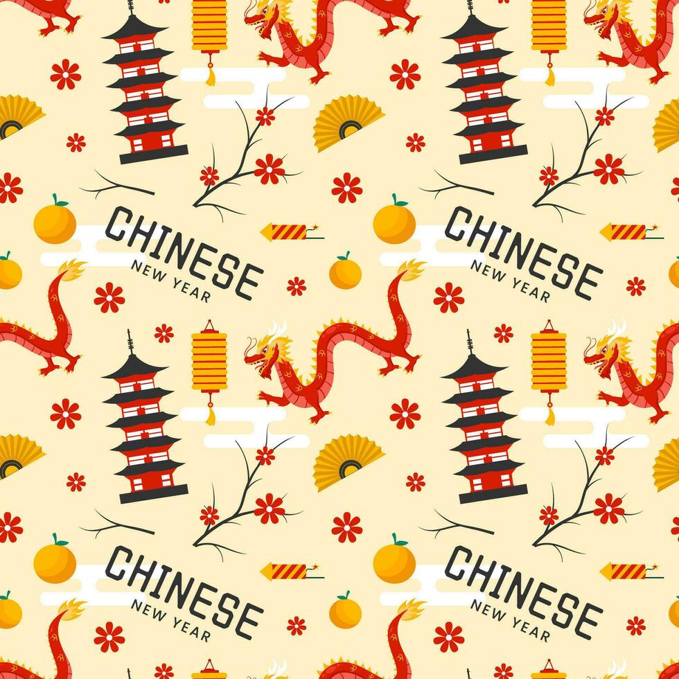 gelukkig Chinese nieuw jaar 2024 naadloos patroon ontwerp. vertaling jaar van de draak. met lantaarn, draken en China elementen in vlak illustratie vector
