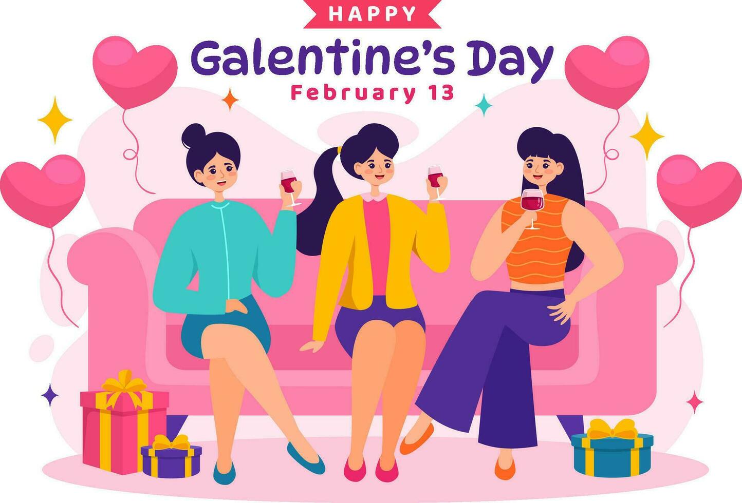 gelukkig van galentine dag vector illustratie Aan februari 13e met vieren Dames vriendschap voor hun vrijheid in vlak tekenfilm achtergrond ontwerp