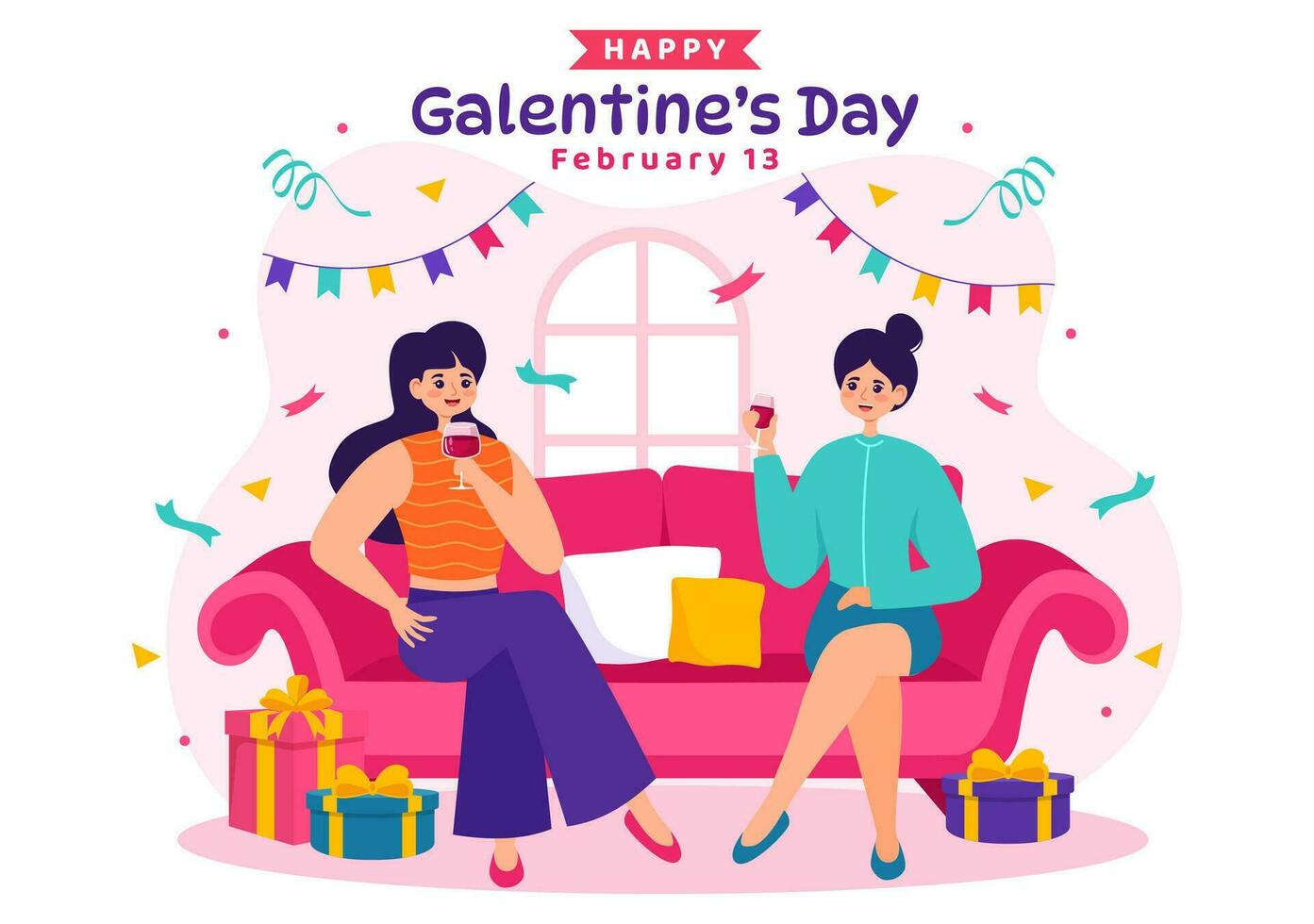 gelukkig van galentine dag vector illustratie Aan februari 13e met vieren Dames vriendschap voor hun vrijheid in vlak tekenfilm achtergrond ontwerp