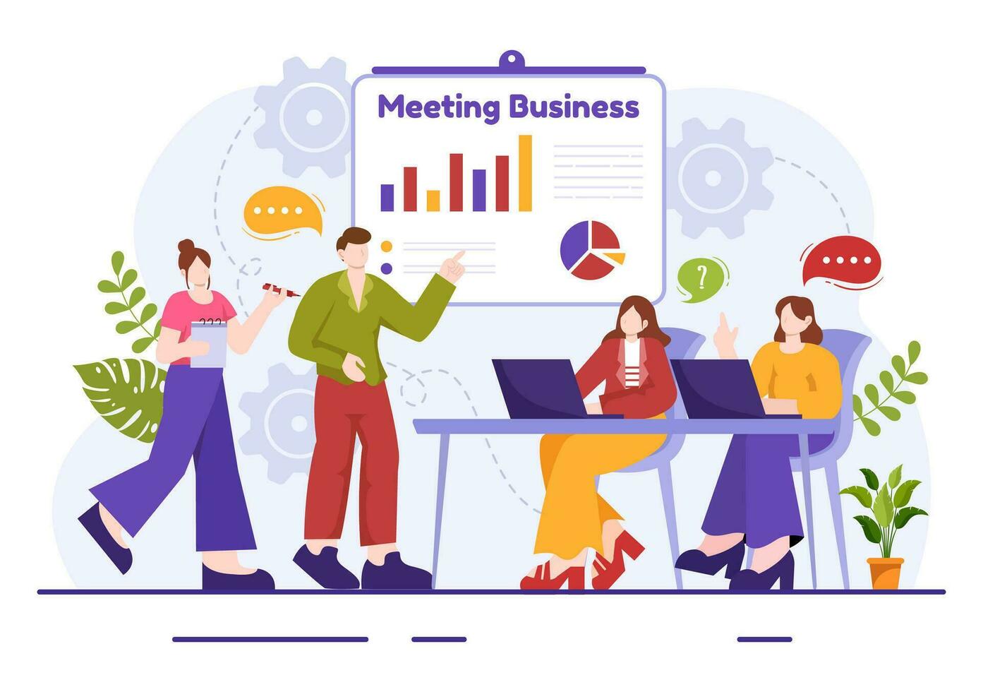 bedrijf vergadering vector illustratie met zakenman en medewerkers Aan presentatie conferentie Bij project strategie in vlak tekenfilm achtergrond