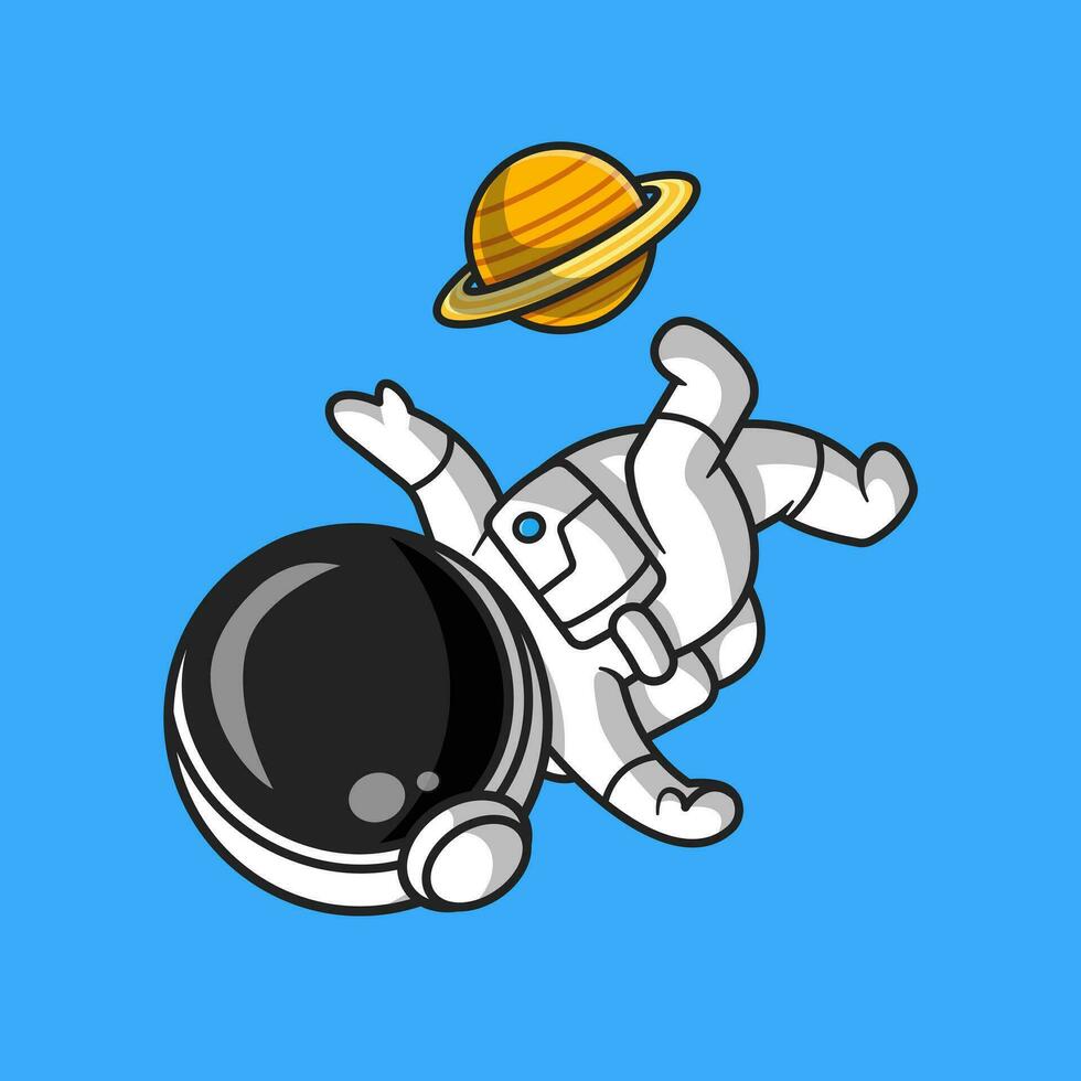 schattig astronaut spelen voetbal planeet tekenfilm vector icoon illustratie. sport wetenschap icoon concept geïsoleerd premie vector. vlak tekenfilm stijl