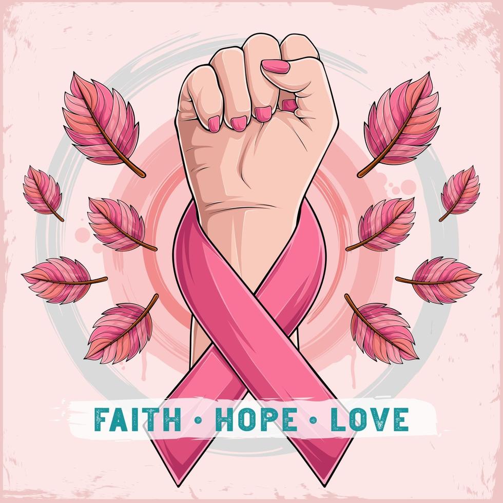 borstkanker bewustzijn maand poster met vrouw hand en roze lint vector