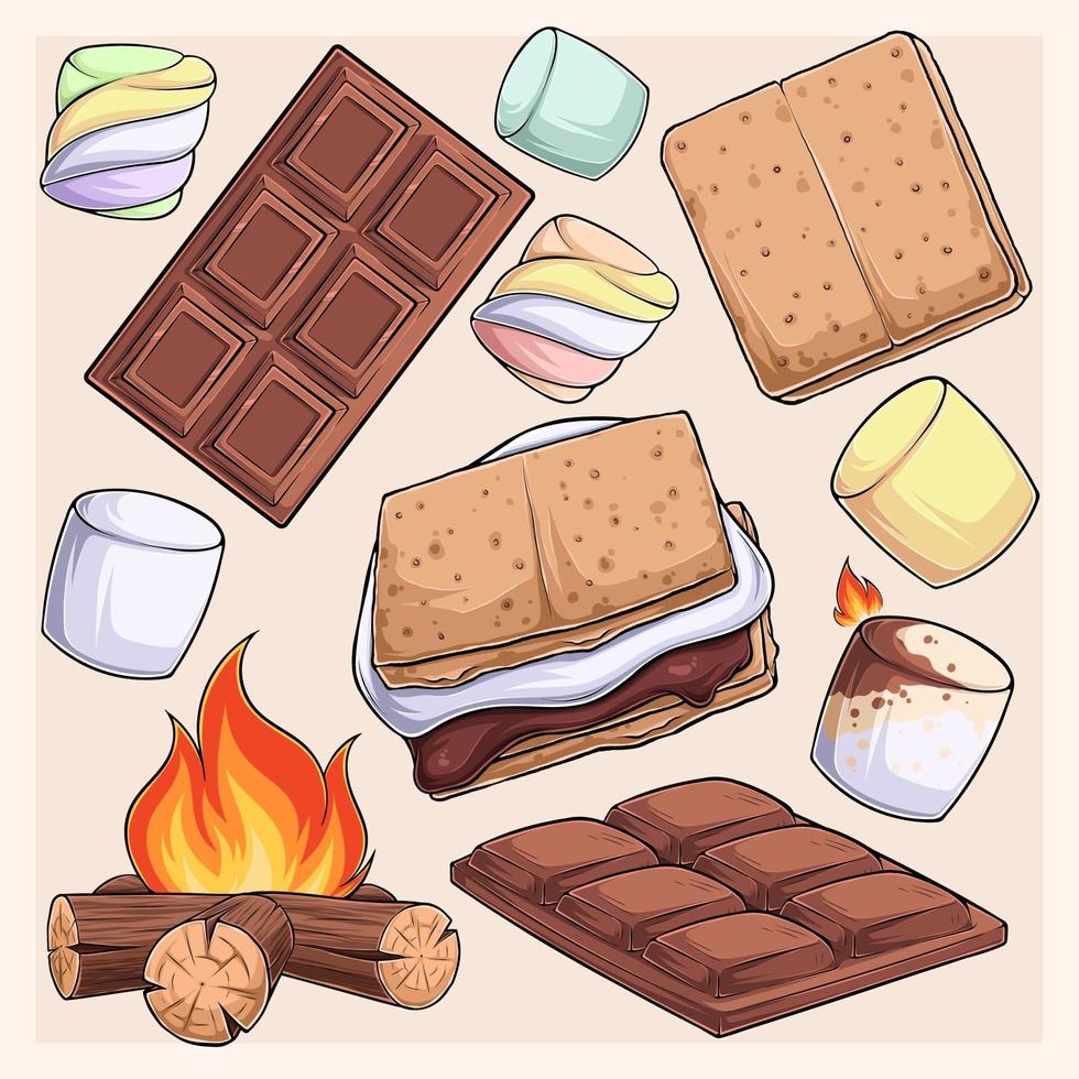 heerlijke s'more-collectie, marshmallows, cracker, chocolade en vuur vector