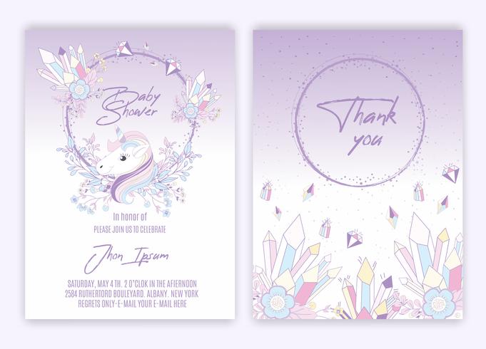 Eenhoorn bloemen decor baby shower uitnodigingskaart vector