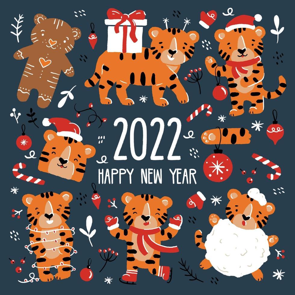 nieuwjaar en kerst grappige tijgers in santa claus kostuums. vector