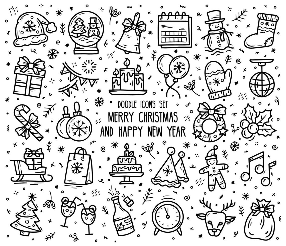 nieuwjaar en kerst set van vector lineaire pictogrammen in doodle stijl