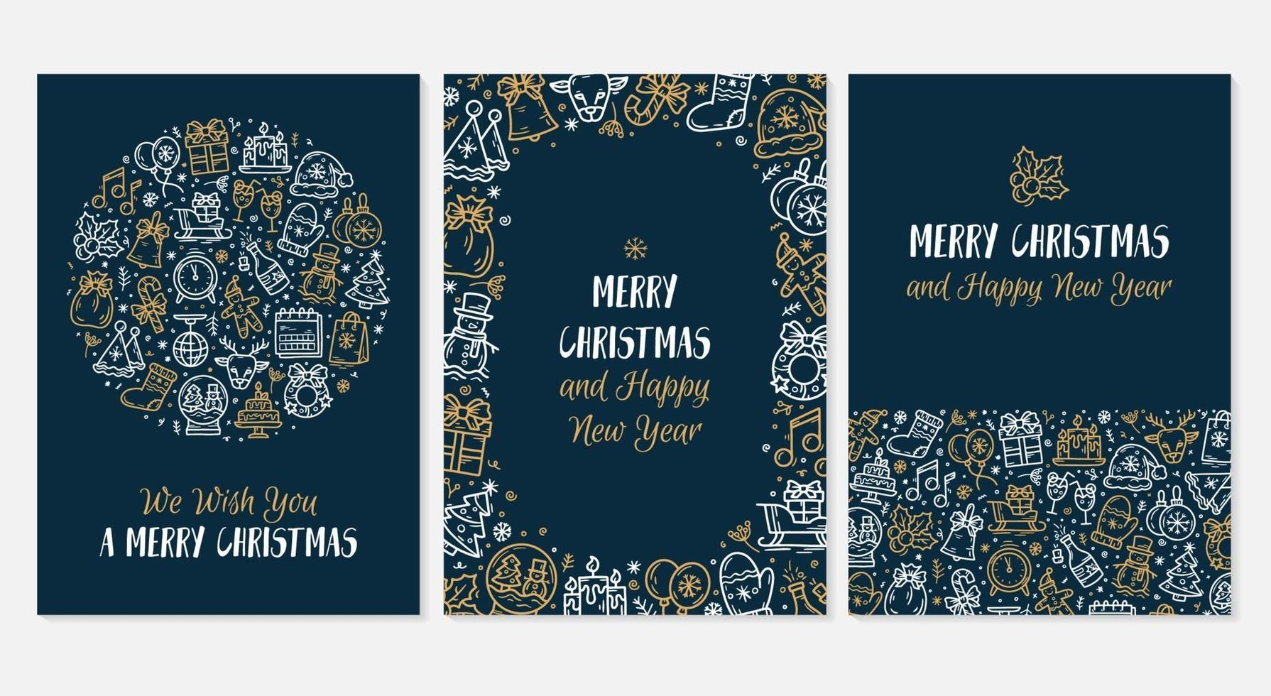 nieuwjaar en kerst blauwe wenskaarten set met vector iconen